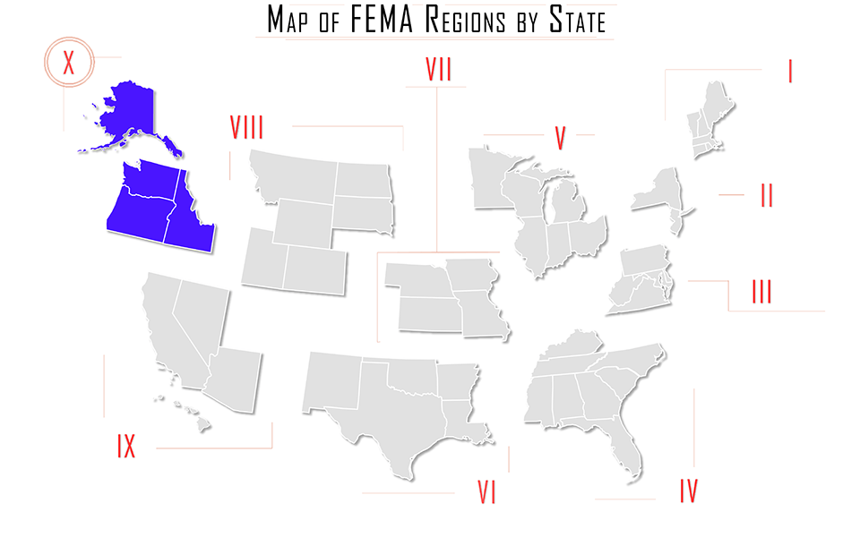 FEMA region x, FEMA region 10, map with Alaska AK, Idaho ID, Washington WA, Oregon OR